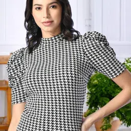BAESD Women Geometric Checked Puff Sleeve Top-5