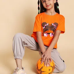 HERE&NOW Girls Printed Short Sleeves Pure Cotton T-shirt With Joggers-picture-14