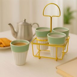 Unravel India 4 Piece White & Green Hand Painted Ceramic Matte Kulladhs-image-54