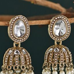 Fida Gold-Plated Kundan Stones Studded & Pearls Beaded Dome Shaped Jhumkas-7