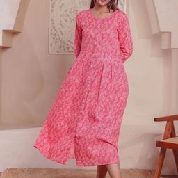 Stuffie Land Women Floral Printed Cotton Fit and Flare Midi Dress-image-27