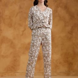 SANSKRUTIHOMES Beige Color V-Neck Printed Pure Cotton Co-Ords Set-image-30