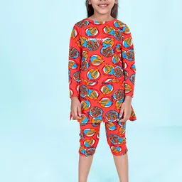 KiddoPanti Girls Printed One Piece Full Sleeve With Jammer Swim Dress-image-17