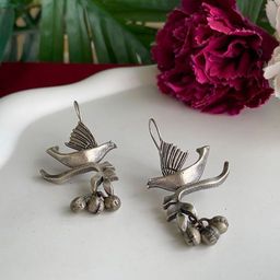 Dulcett Silver Plated Bird Shaped Oxidised Drop Earrings-image-4