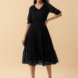 AASK Women Black Self Design Crepe Fit and Flare Calf Length Dress-picture-43
