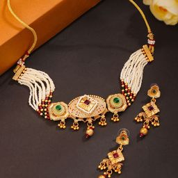 Yellow Chimes Gold-Plated Stone-Studded & Pearls Beaded Choker Jewellery Set-image-44