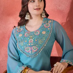 Sangria Floral Yoke Design Sequence Asymmetric Kurta & Palazzo Set image 3
