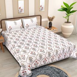 Texstylers White Floral Cotton 210 TC Queen Bedsheet with 2 Pillow Covers-2.74mX2.28m-image-56