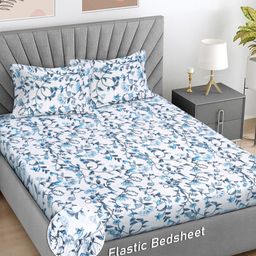 Myntra Elegant Homes White & Blue Floral 300 TC Fitted Double King Bedsheet Set-2.5mX2.25m-image-39