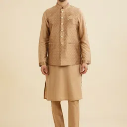Manyavar Thread Work Mandarin Collar Straight Kurta With Trousers And Jacket-picture-33