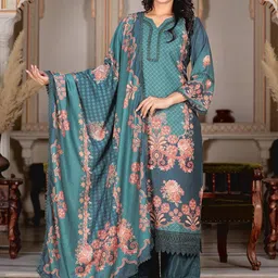 KALINI Floral Printed Notch Neck Chanderi Silk Kurta With Palazzos & Dupatta-image-70