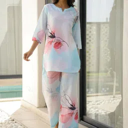 FLAVIA CREATION Notch Neck Printed Organic Cotton Top With Trousers-picture-56