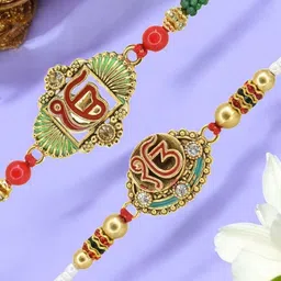 MEIRA JEWELLERY Set Of 2 Ik Onkar Charm Rakhis With Greeting Card & Roli Chawal-image-49