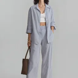 HERE&NOW Striped Collar-Neck Shirt With Trousers Co-Ords-picture-34