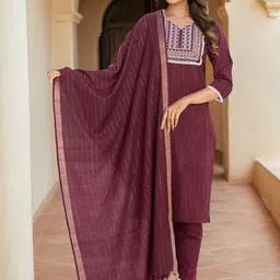 SANISA Floral Embroidered Notch Neck Kurta With Trousers & Dupatta-image-86