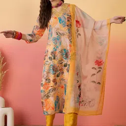 Sangria Floral Printed V-Neck Sequinned Straight Kurta With Trouser & Dupatta-picture-9