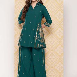Ahalyaa Floral Woven Design Shirt Collar Tunic With Palazzo-56