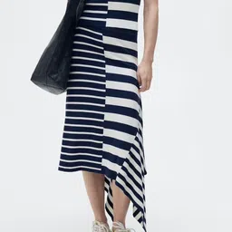 MANGO Asymmetrical Striped Knitted Midi Skirt-4