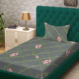 KLOTTHE Grey & Green Floral Printed 300 TC Single Bedsheet With 1 Pillow Cover-2.5m x 1.5m-5