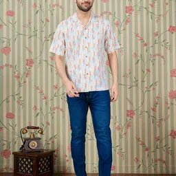 Ode by House of Pataudi Abstract Printed Spread Collar Long Sleeves Casual Cotton Shirt-image-96