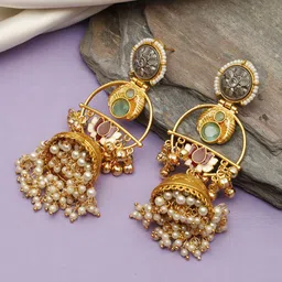 VIVAZS Gold-Plated Artificial Stones Studded And Beaded Dome Shaped Jhumkas-image-54