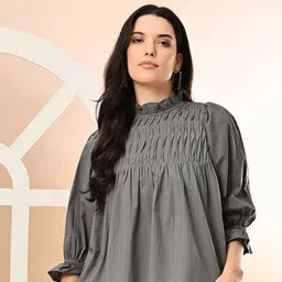 fuchsia PRETTY LOVING THING Mandarin Collar Puff Sleeve Cotton Peplum Top-picture-12