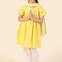 Fabindia Girls Floral Yoke Design Regular Thread Work Pure Cotton Kurta with Salwar & With Dupatta-picture-8