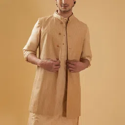 RR Blue Embroidered Mandarin Collar Longline Raw Silk Nehru Jacket-32