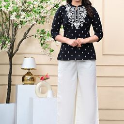 RAABA Floral Embroidered Mandarin Collar Pure Cotton Straight Kurti With Palazzos-image-67