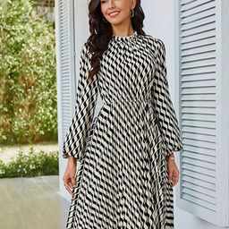 all about you Women Geometric Printed A-Line Bishop Sleeve Midi Dress-image-61