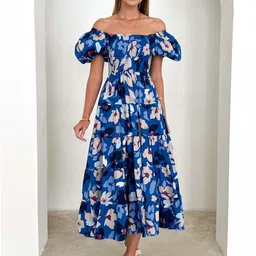 bebe Floral Off-Shoulder Flutter Sleeve Fit & Flare Midi Dress-image-65