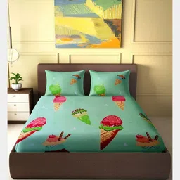 HARYANA HOOPS Green & Pink 220 TC Queen Bedsheet with 2 Pillow Covers-image-1