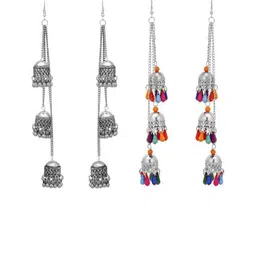 ZURIKRISHA Set Of 2 Silver-Plated Dome Shaped Jhumkas-image-3