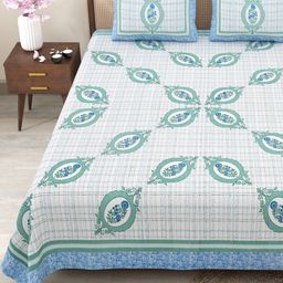 Myntra Elegant Homes Blue & Green Floral 180 TC King Bedsheet with 2 Pillow Covers-picture-6