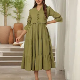 Rain & Rainbow Tiered Pure Cotton Fit & Flare Midi Dress-image-95