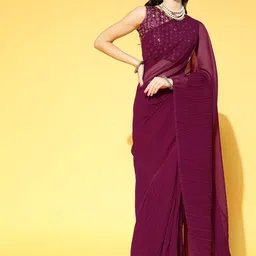 KALINI Solid Sequinned Saree With No Border-3