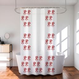 Aura 2 Pieces Red Floral Printed Durable Waterproof Shower Curtain With 8 Rings-10