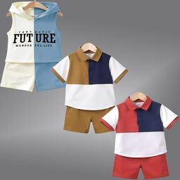 Lofn Kids Pack Of 3 Colourblocked Pure Cotton T-Shirts With Shorts-image-63