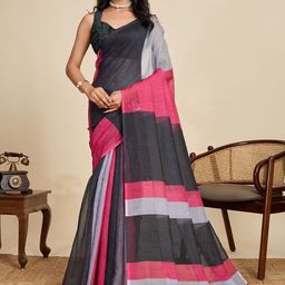 VS MALL Women Linen Blend Printed Saree With Blouse Piece-picture-0