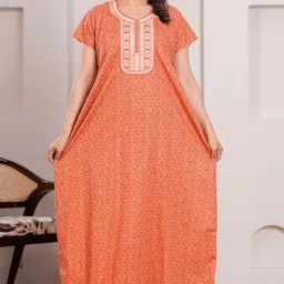 HARGUN NIGHT WEAR Floral Printed With Embroidered Cotton Maxi Nightdress-image-51