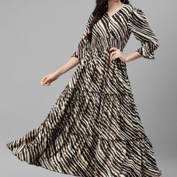 Krunal Raiyani Striped V-Neck Tiered Crepe Fit & Flare Maxi Dress-picture-22
