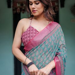 all about you Ethnic Motifs Zari Pure Linen Block Print Saree image 3
