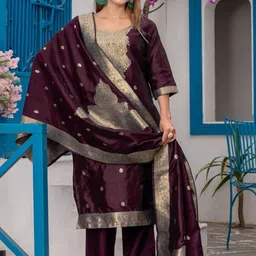 KALINI Floral Woven Design Kurta With Trousers & Dupatta-picture-54