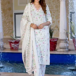 KALINI Floral Printed Thread Work Pure Cotton Kurta With Trousers & Dupatta-18