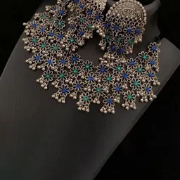 Oxidized Heaven Sterling Silver-Plated Stone Studded Necklace and Earrings-picture-10