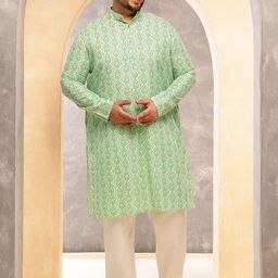 SOJANYA PLUS Ethnic Motifs Printed Band Collar Cotton Linen Straight Kurta With Pyjama-image-69