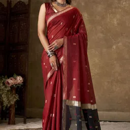 KAYOMMI Ethnic Motifs Zari Pure Cotton Banarasi Saree with Tassel-image-82