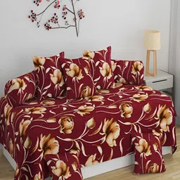 Aura Maroon & Beige 8 Pieces Floral Printed 160 TC Diwan Set-17
