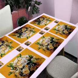 REVEXO 12Pc Yellow & White Printed Non Slip Table Placemats With Coasters-3