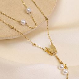 ARTKLIM Gold-Plated Double Layered Beaded & Butterfly Pendant Necklace-image-95